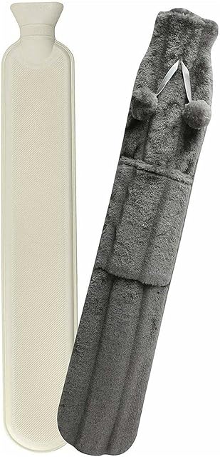 ADEPTNA 2L Extra Long 72 cm Hot Water Bottle with Pom Poms Soft Rabbit Faux Fur Cover with Pocket - Soft Comfortable Safe and Keep Warm (Grey)