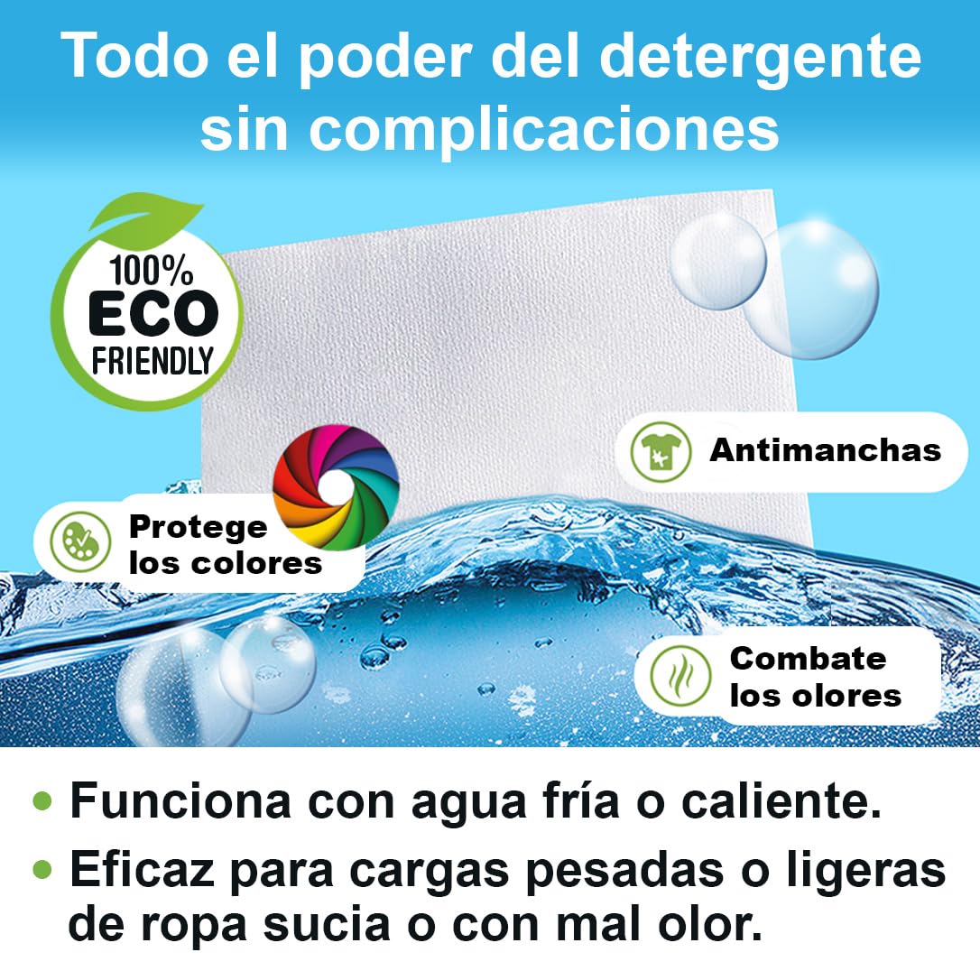 HAPPY HOUR, Tiras Detergente Lavadora (60 lavados carga completa) 100% Ecológico. Fácil de usar, económico. Ideal Viajes. Eficaz contra manchas en agua caliente/fría. Apto pieles sensibles. Pack 3x2
