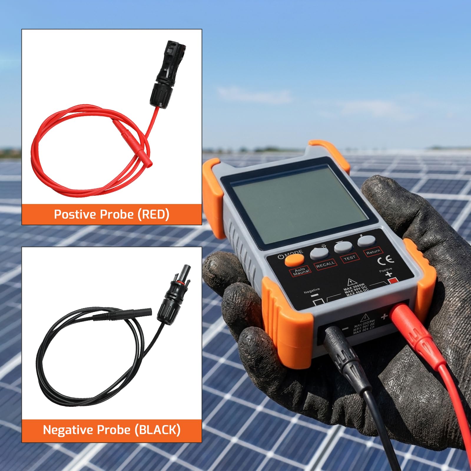Misuratore Tester per Pannelli Solari con MPPT 2000W 90V 40A, Monitoraggio PV, Test Automatico/Manuale, Schermo LCD, Protezione da Sovratensione/Sovracorrente/Inversione di Polarità/Temperatura