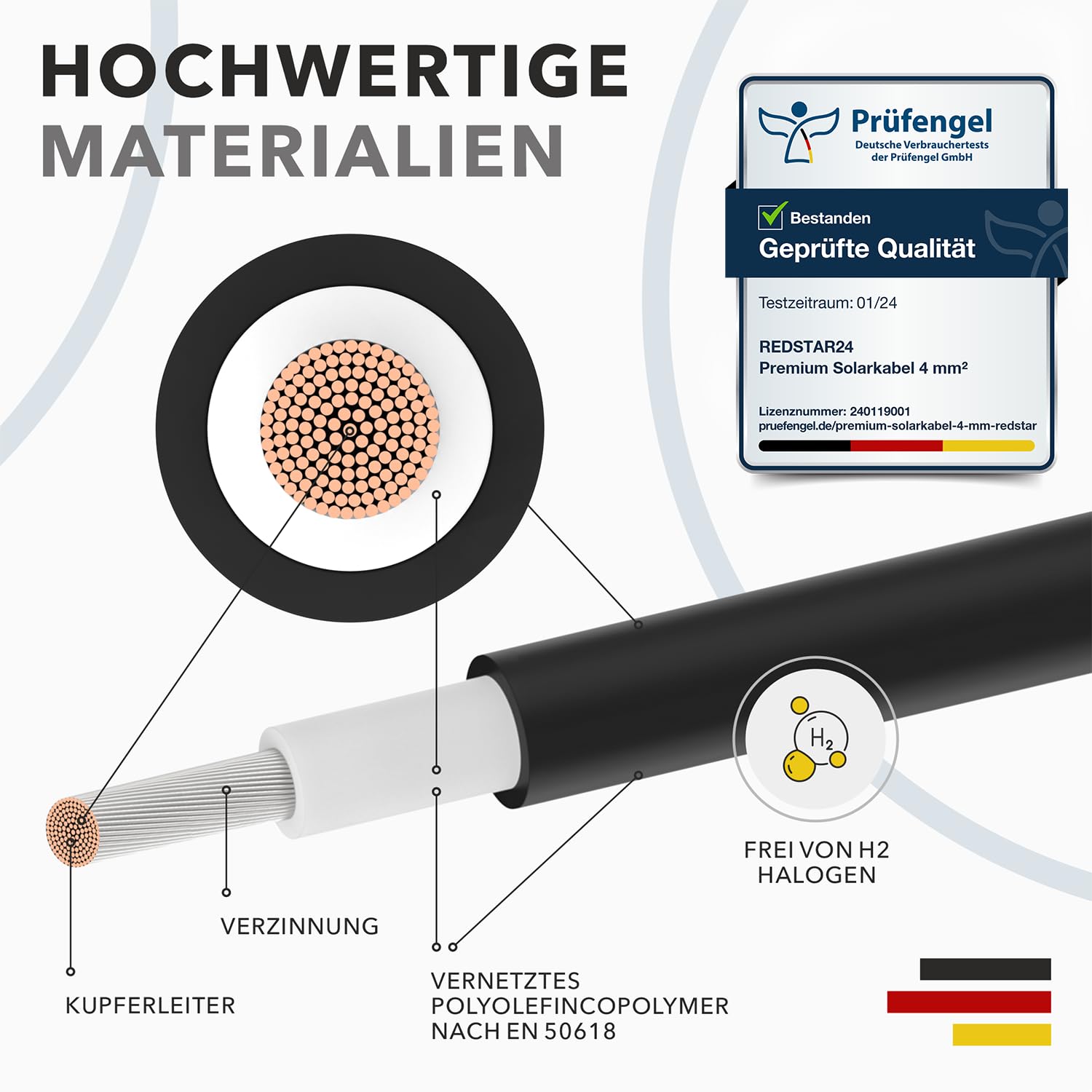 RedStar24 Premium Solarkabel 4mm² Schwarz - 100m - TÜV SÜD geprüft - UV-beständig, flexibel, Photovoltaik Kabel, PV Kabel, Solar Anschlusskabel für Solarpanel, Wechselrichter & Laderegler - langlebig