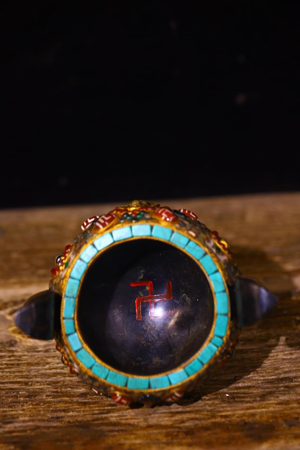 6" Old Natural Meteorite Mosaic Gem gZi Beads Turquoise Shakyamuni Buddha Pattern Double Ear Three Legged Incense Burner Amulet