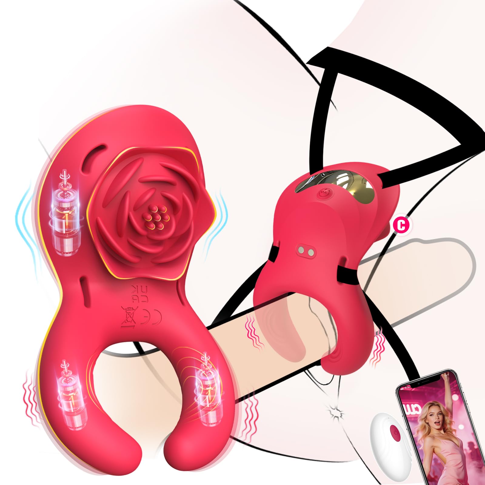 Rose Couples Women Sex Toys, 2 in 1 Vibrating Strap On Clit Penis Vibrator | BDSM Bondage App Remote Control Wearable Panty Vibrator, Kinky Male Adult Sex Toy, Hands Free Clitoral Stimulator