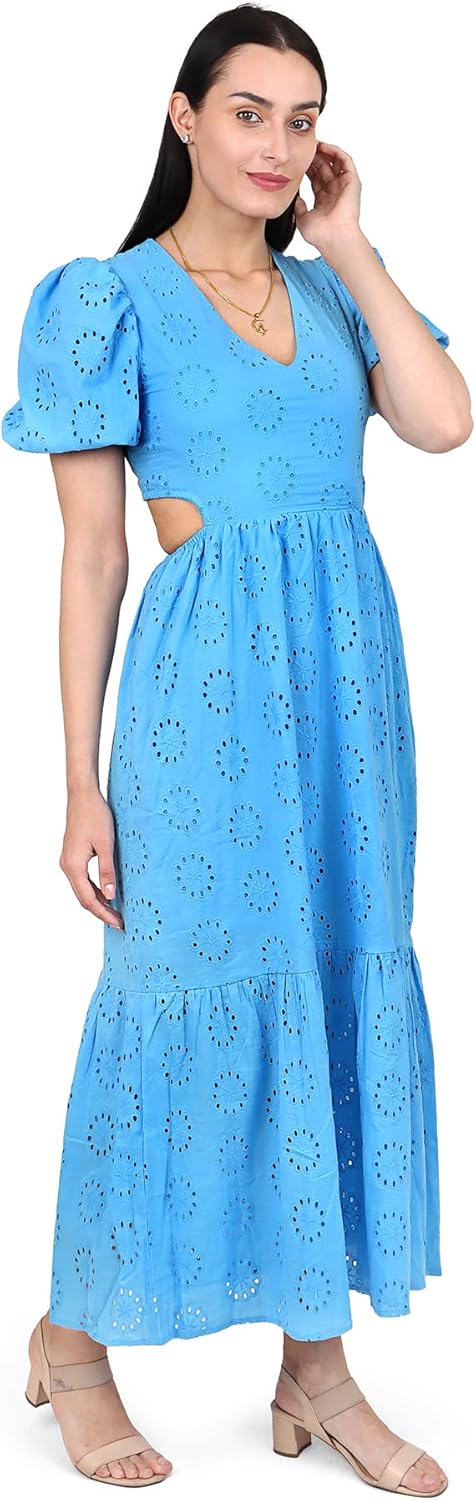Summer 2025 Women's Eyelet Dress, Blue, V-Neck, Puff Sleeve, Side Cutouts,A Line Long Flowy Beach Vacation Dresses Hollow Out Eyelet Ruffle Back Open Swing (US, Alpha, Medium Blue) - Image 3