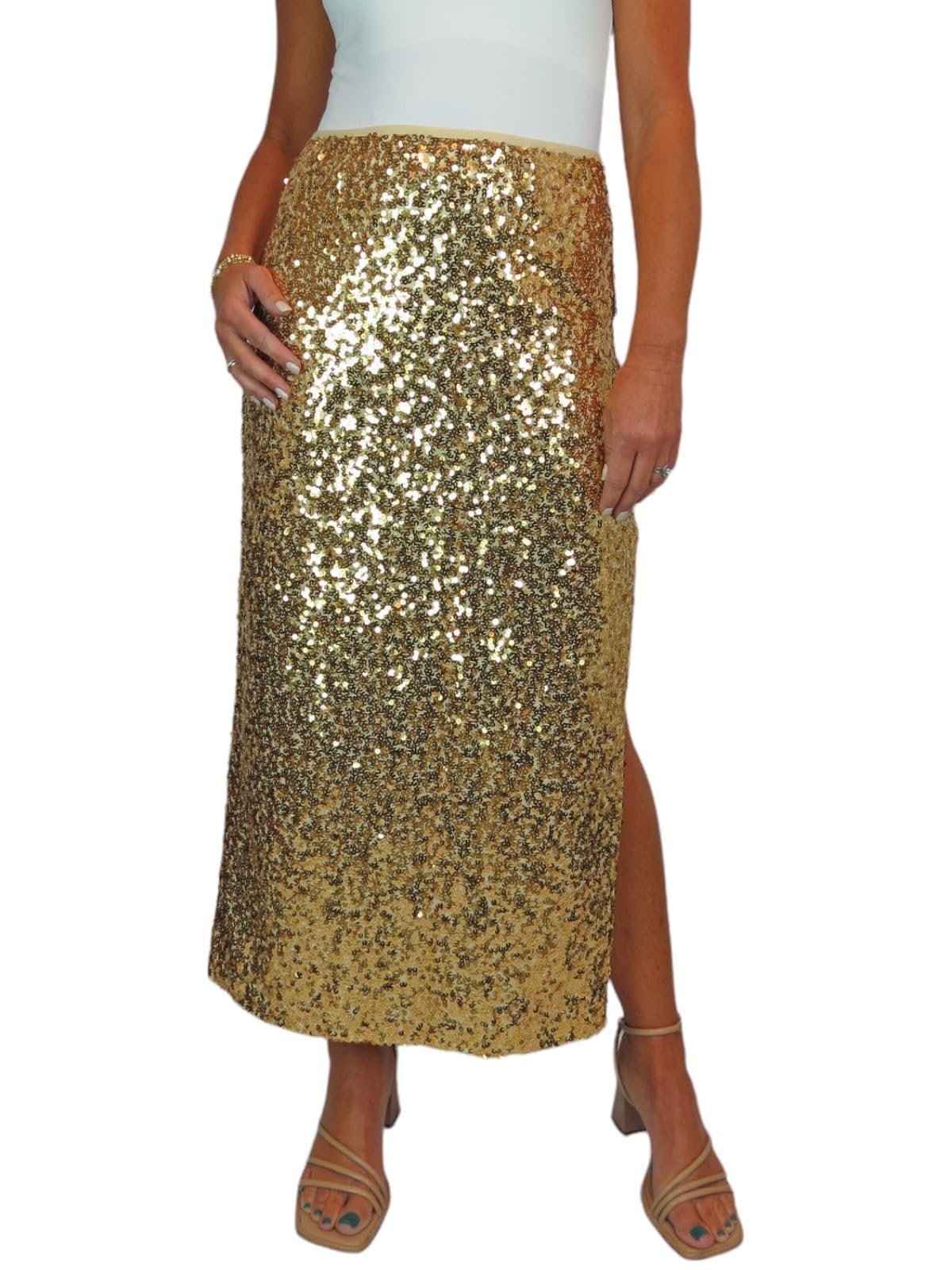 Gonna Lunga da Donna con Paillettes Elasticizzate E Spacco Laterale Aperto sulla Gamba, Completamente Foderata 40-54