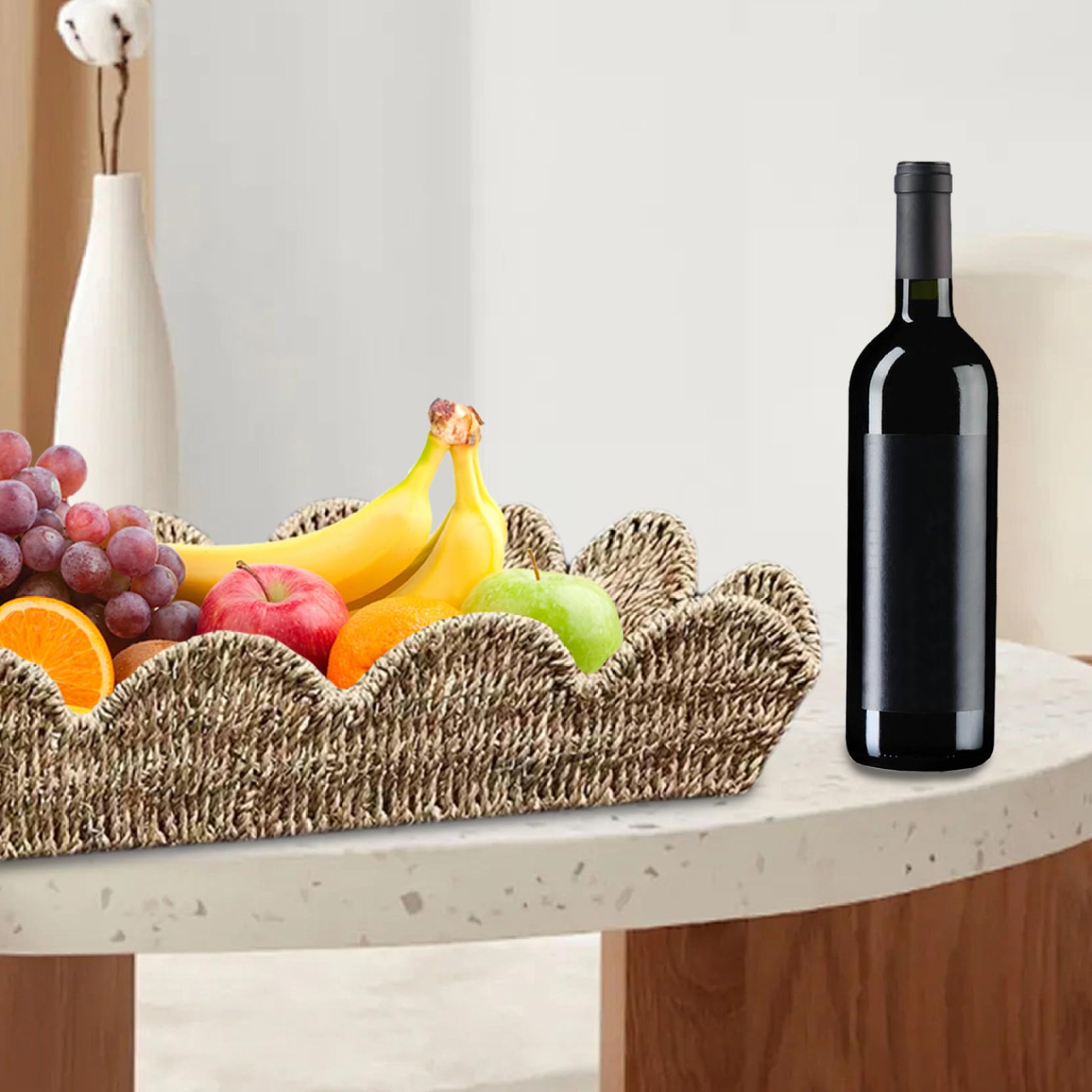 Bandeja rectangular de mimbre de hierba marina rústica con borde festoneado, 19.7 x 14.6 x 3.9 pulgadas, ideal para decoración del hogar, cocina, fiestas y entretenimiento