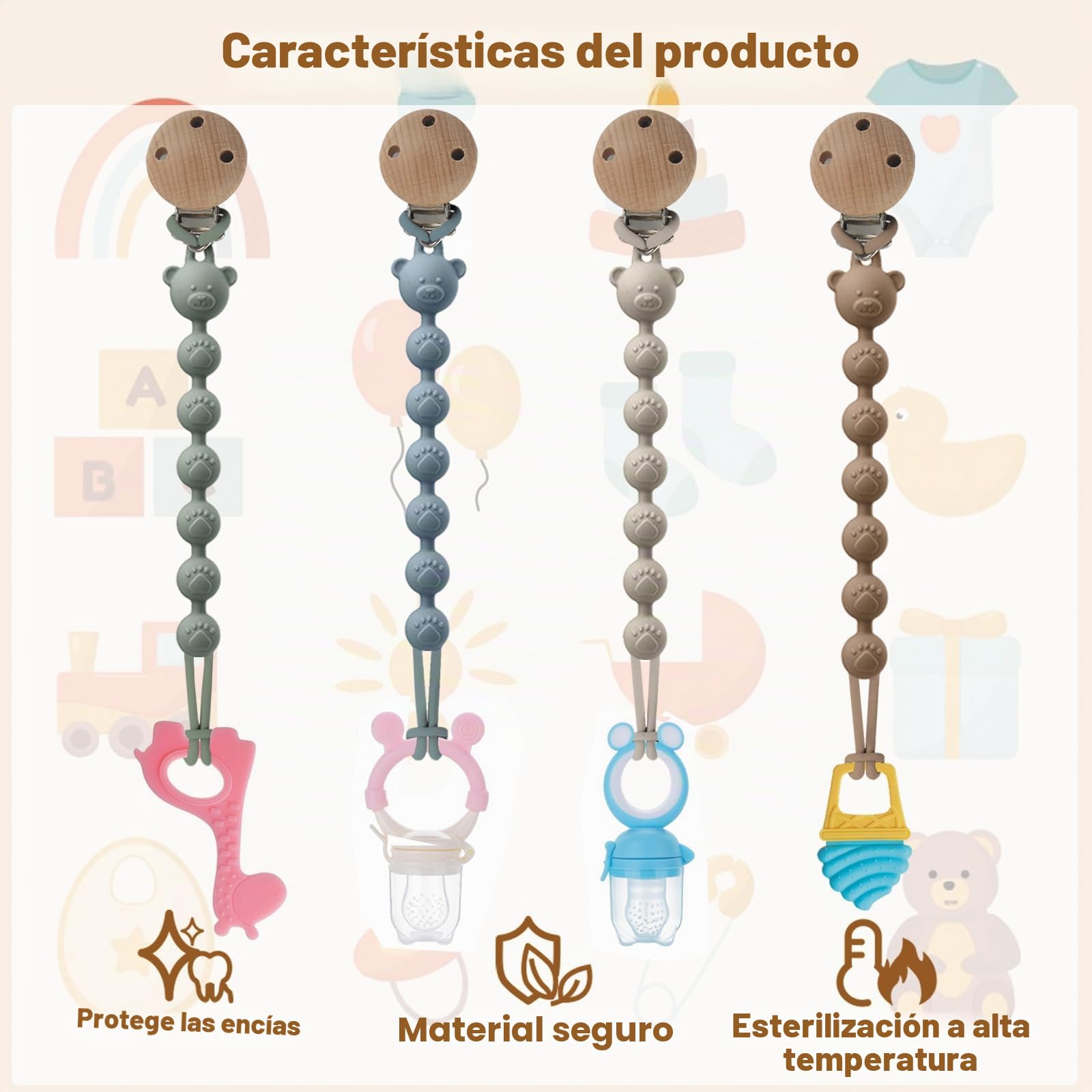 Juego de 4 cadenas para chupete para niña y niño, fácil de limpiar, cadenas para chupete y mordedor, diseño 2 en 1, cadena para chupete de madera, portabilidad, ayuda dental para bebés