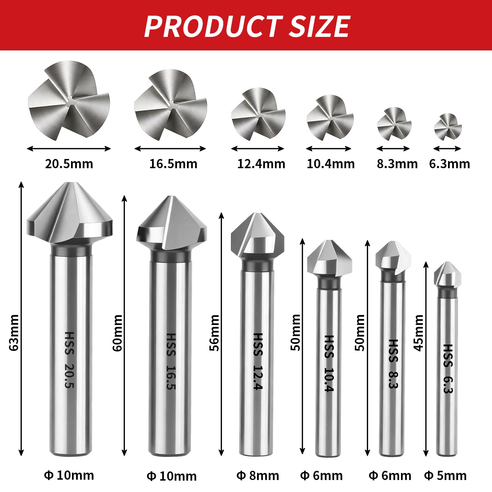 Jeu de fraises à chanfreiner HSS, 6 pièces en acier rapide HSS à 90° à 3 dents DIN335C – Kit professionnel pour chambrage métal et plastique (6,3-20,5 mm) pour acier inoxydable, fer, cuivre