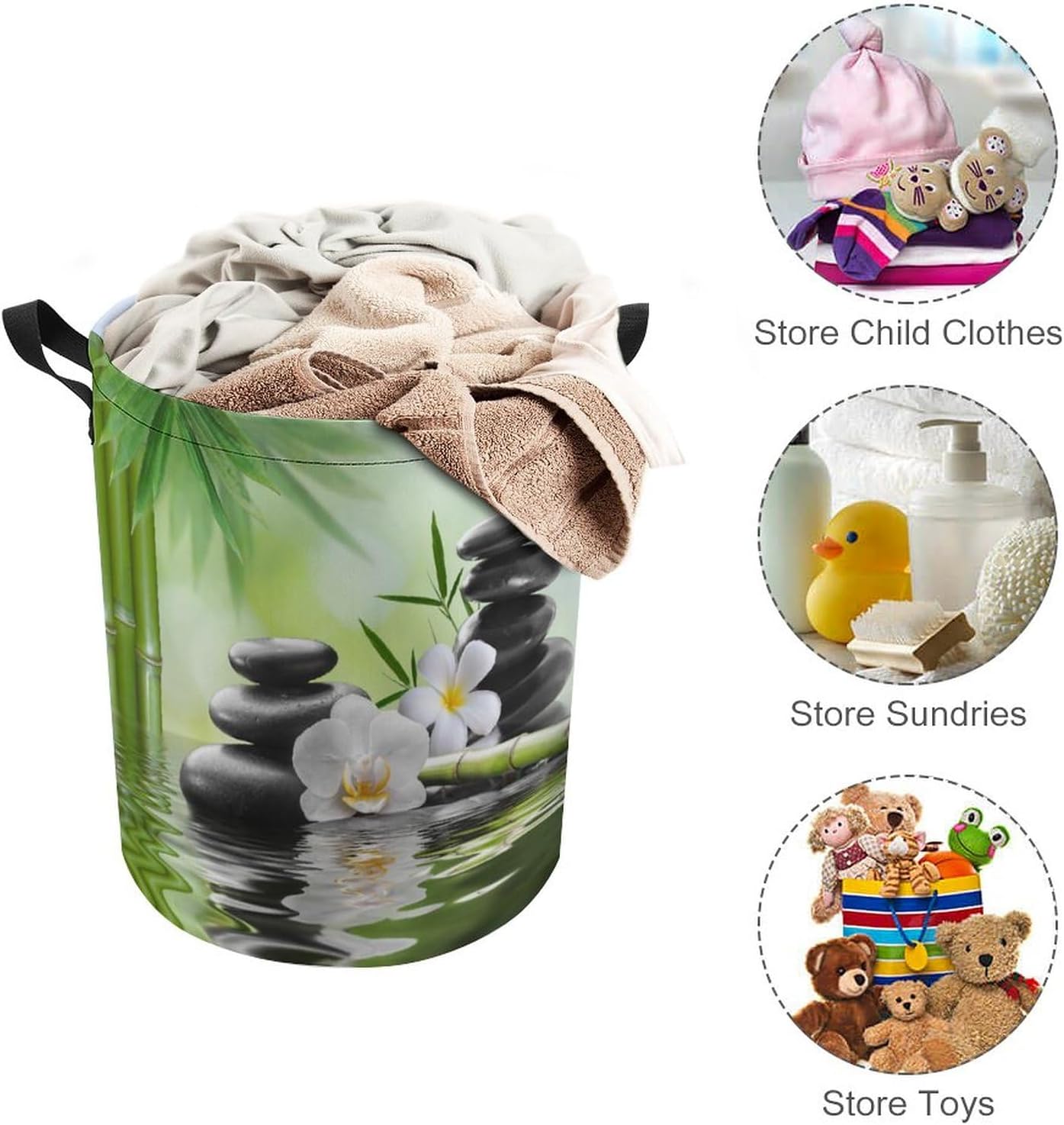 Zen Spring Garden Foldable Waterproof Laundry Basket Japanese Style Spa Black Stone White Flower Green Bamboo Print for Blanket Toys Dirty Clothes in Living Room Bathroom Bedroom One Size