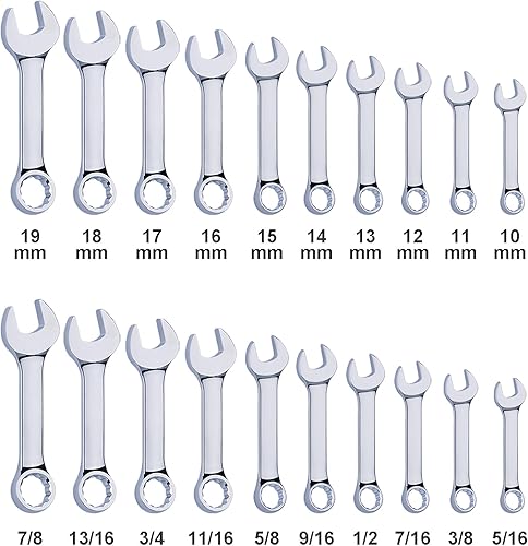 Miniatura 3 de Juego de 20 llaves combinadas métricas y SAE Premium Stubby con estante de almacenamiento  métricas de 0.394 in a 0.748 in, SAE 516 pulgadas a 78