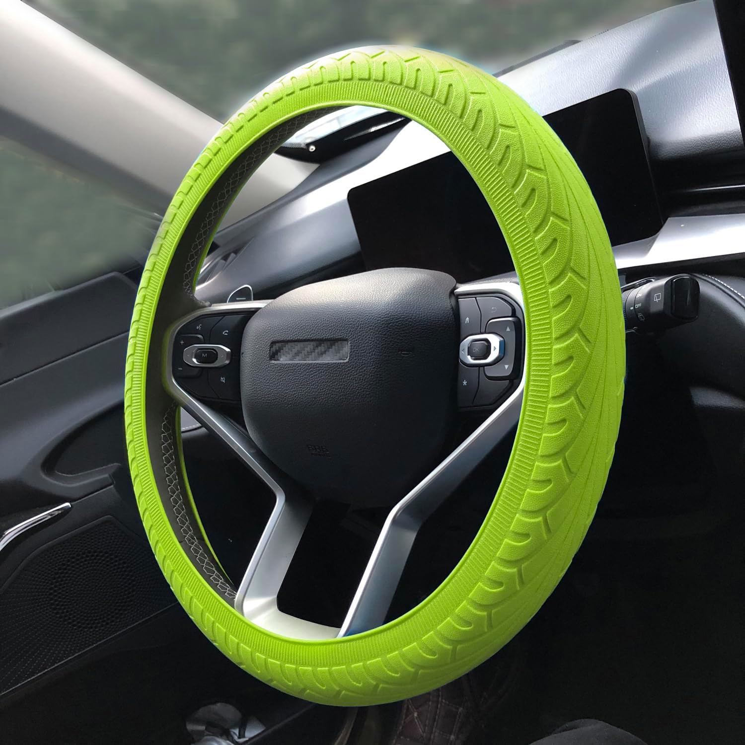 Universal Green Steering Wheel Cover：13.5 to 15 Inches Flexible Silicone Anti Slip Steering Wheel Protector Fit for Most Car Models Including Round D Shape or Special Shape