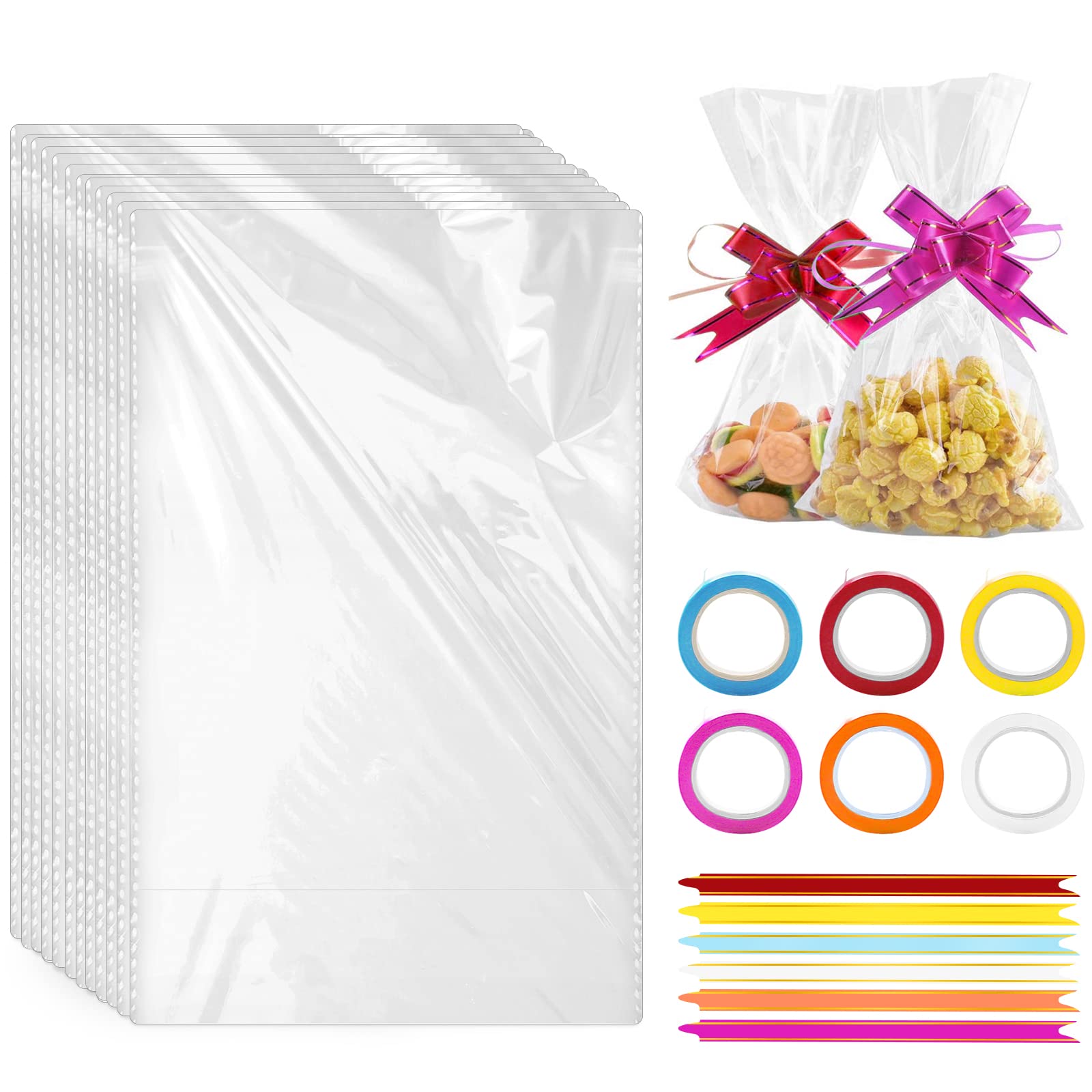 Hongtellor Cellophane Bags- Pack of 60(6 x 10 Inches) clear bags,Food Cookie Bags Mix Colors Gorgeous Pull Bows and Ribbons, Bakery Candy Fruits Nuts Chocolates Popcorn, 126PCS