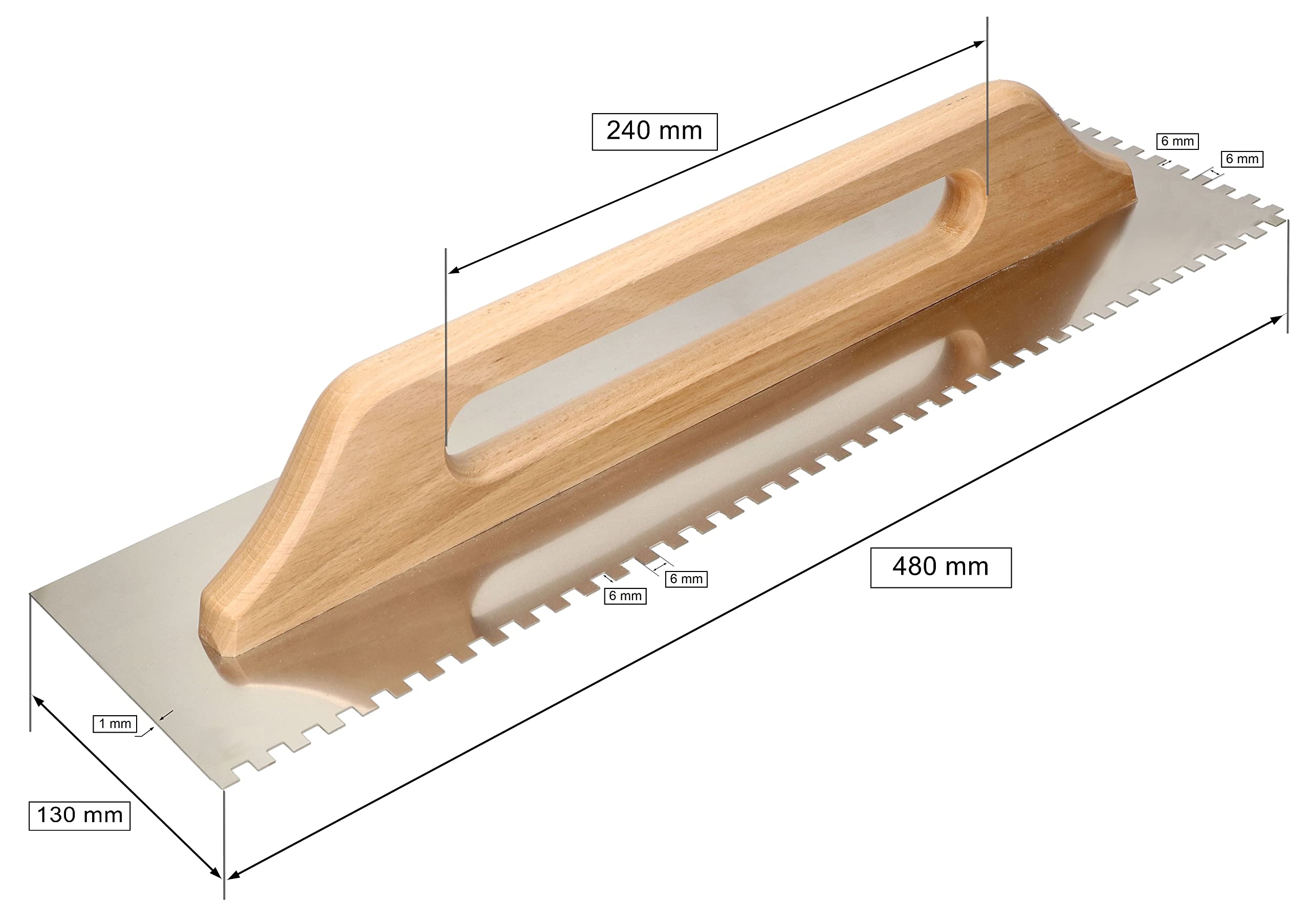 KOTARBAU® Truelle dentelé en acier inoxydable 480 mm de dentition 6 x 6 mm avec poignée en bois