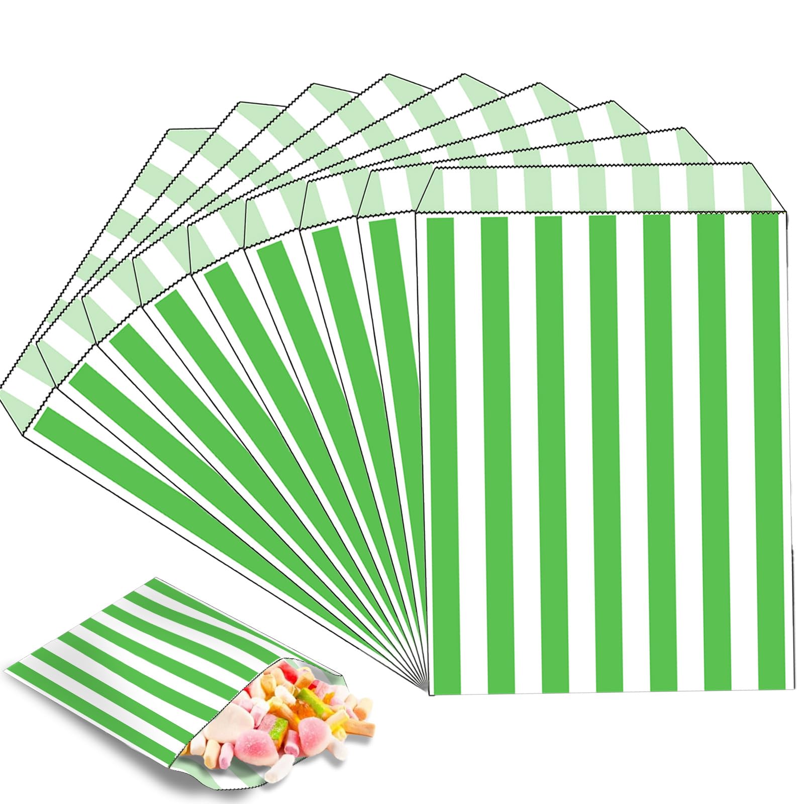 100pk Green Sweet Bags,Small Striped Candy Bag,5''x7'' Sweetie|Popcorn|Bread|Sandwich|Biscuit Bag,Party Bags for Snacks,Sweets,Cake Gift,Wedding,Birthday Party,Christmas