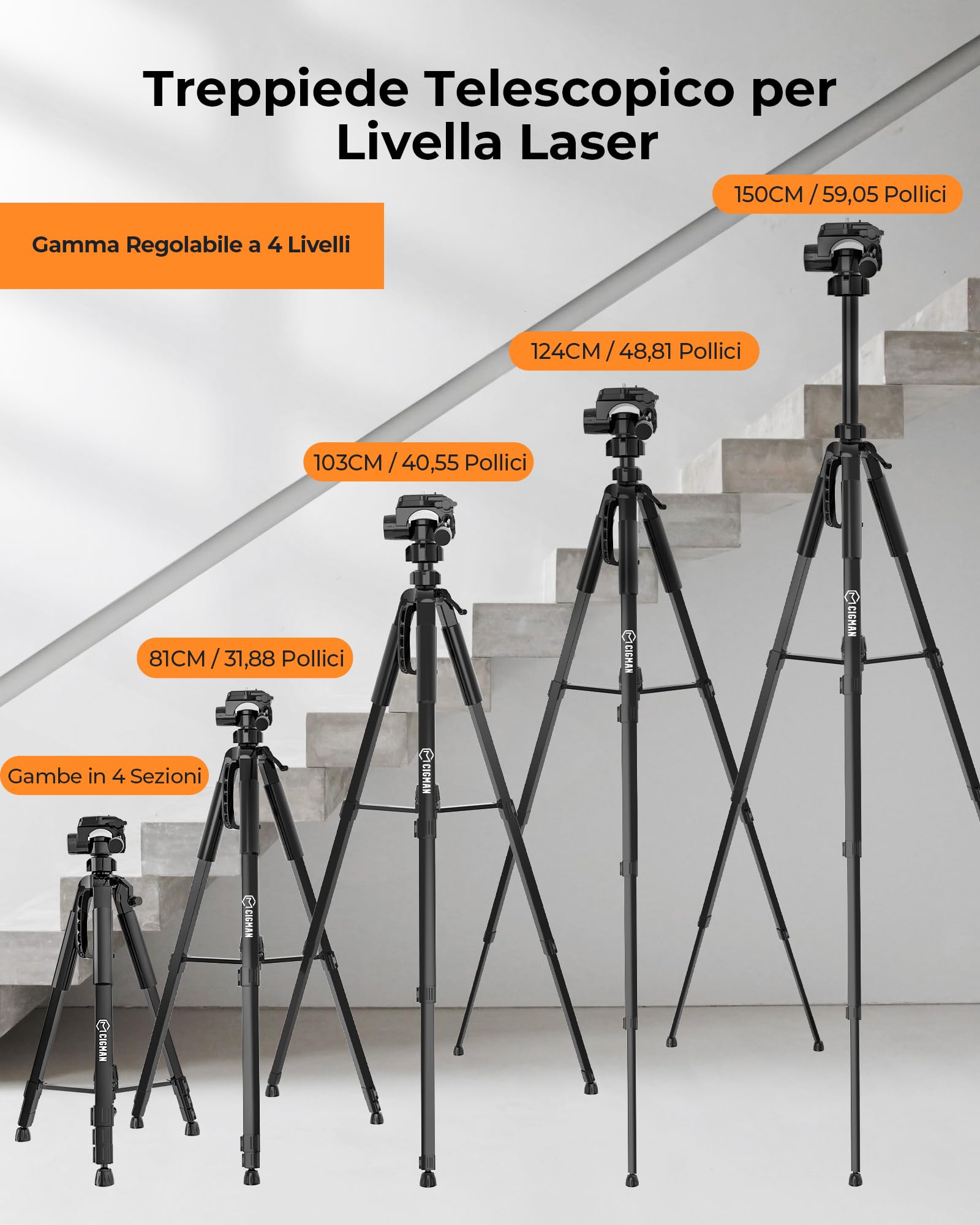 CIGMAN Treppiede 1,5 m Treppiede in alluminio per livella laser, con livella a bolla, con filettatura maschio da 5/8 "-11 e adattatore per vite da 1/4" -20, Borsa per il trasporto inclusa - CTP01