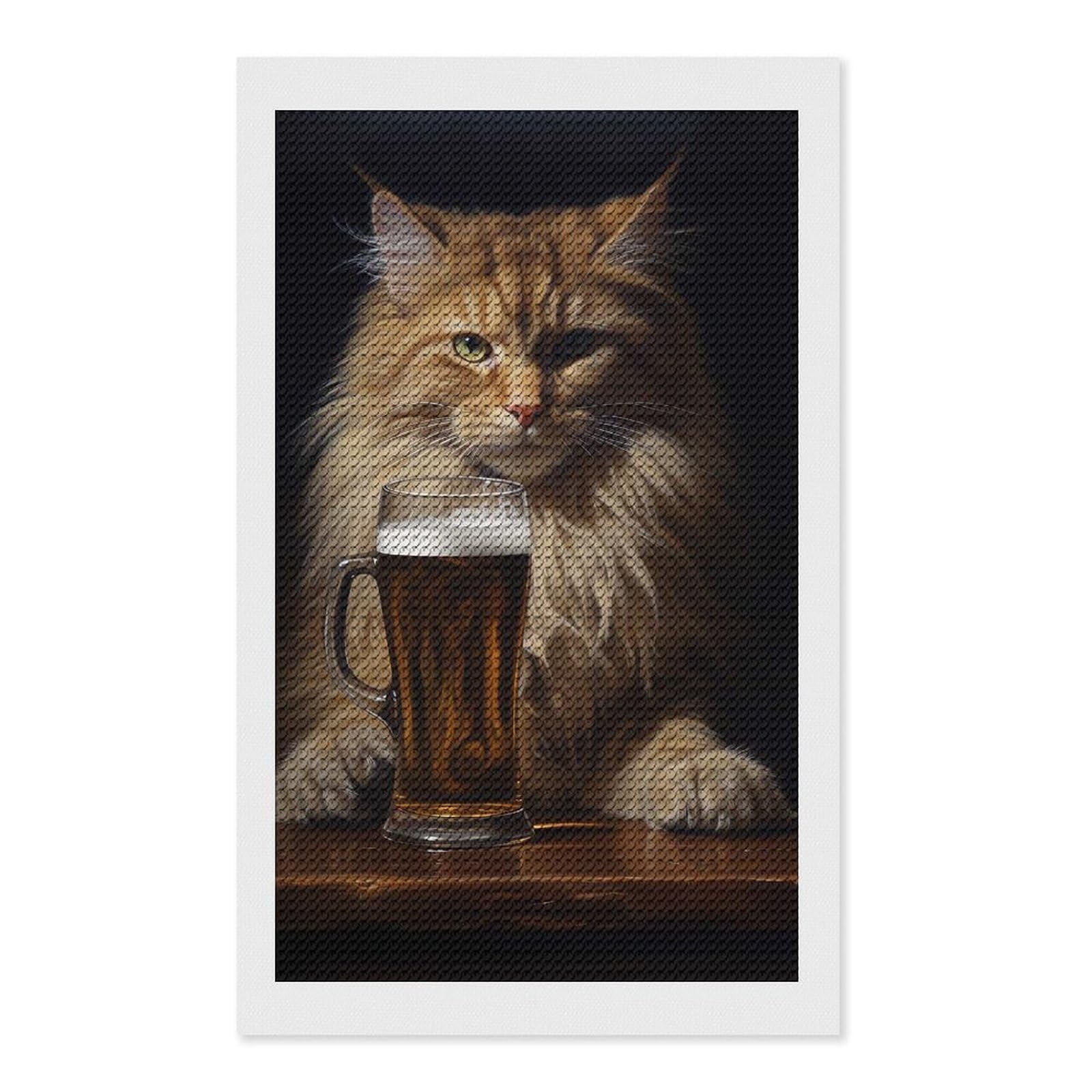Junmoney Kitten X Beer Diamond Painting Set 12"x20", Stress Relief Craft, Easy to Enjoy, Vintage Style Decor, Festive Craft Gift