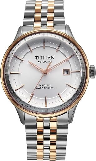 Titan Weekender 60 Hours Power Reserve Concealed Automatic Analog with White Dial Dual-Tone Stainless Steel Strap Watch fo...