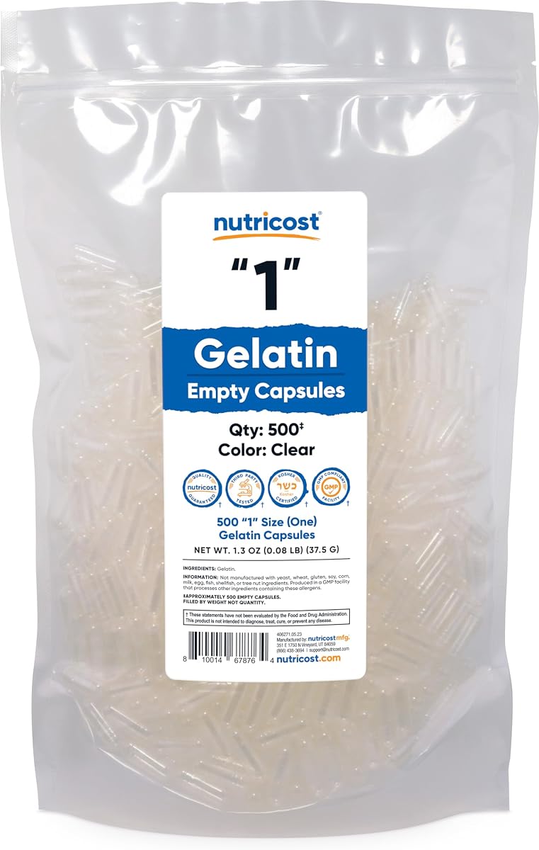 Nutricost Cápsulas Vacías Gelatina Tamaño 1-500 Cápsulas de Gel Vacías Transparentes '1' | Kosher, sin OGM, sin soja, sin gluten