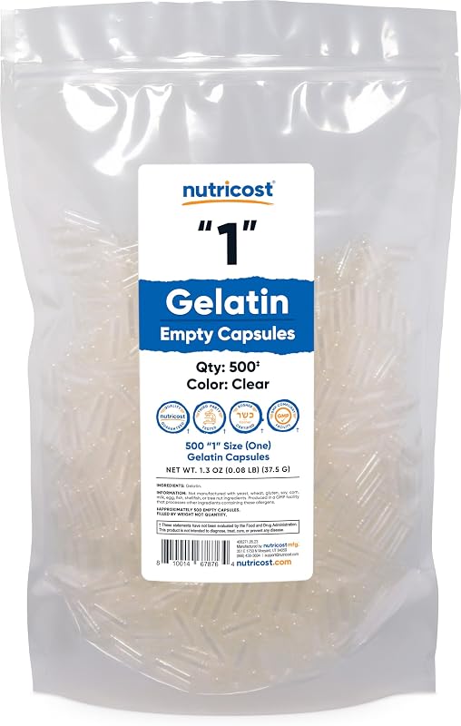 Nutricost Cápsulas Vacías Gelatina Tamaño 1-500 Cápsulas de Gel Vacías Transparentes '1' | Kosher, sin OGM, sin soja, sin gluten