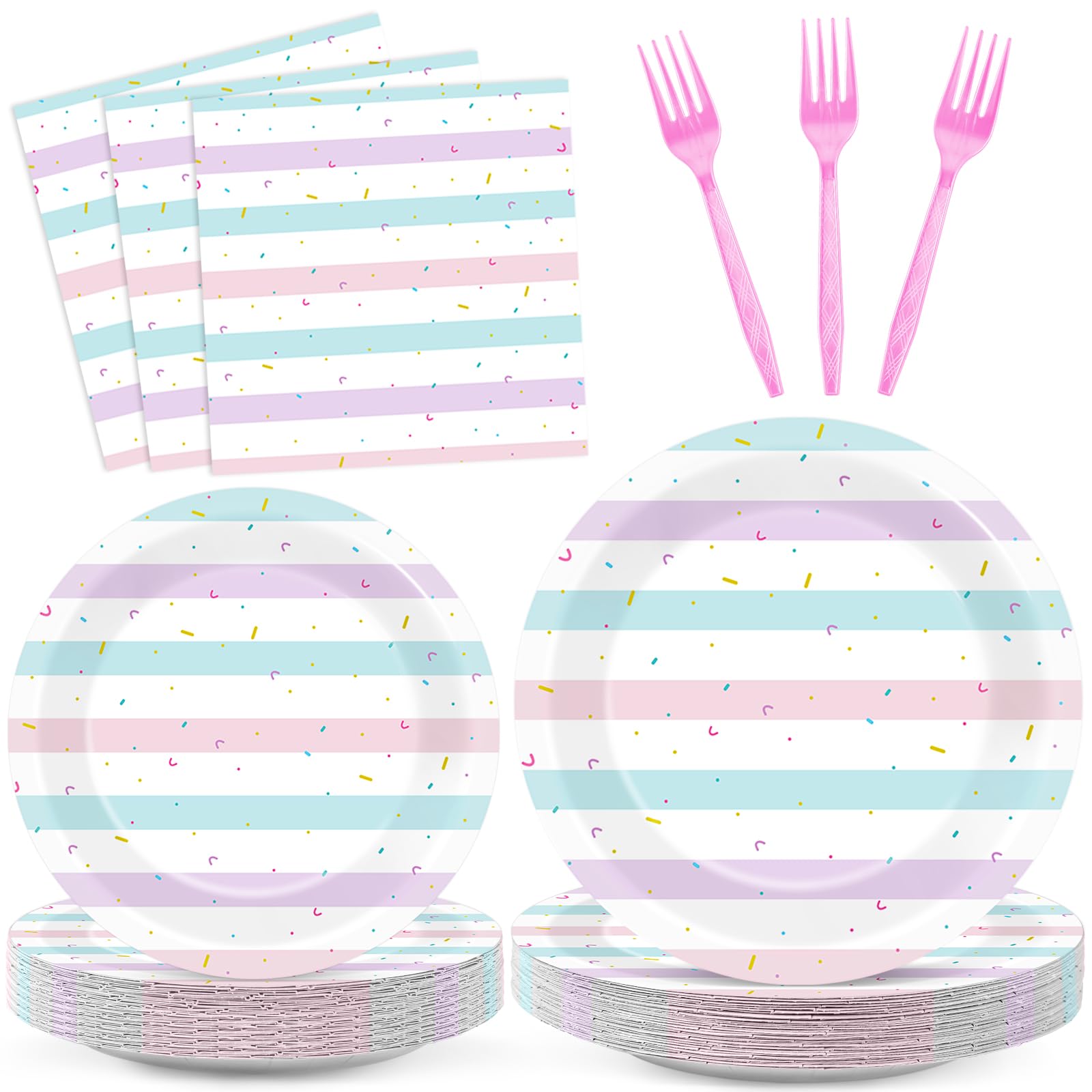 Qyeahkj 100Pcs Ice Cream Birthday Decorations Sweet One Party Supplies Pink Ice Cream Plates Napkins Forks Sprinkle Summer Birthday Party Decorations for Girls Boys Baby Shower Dinner Serves 25