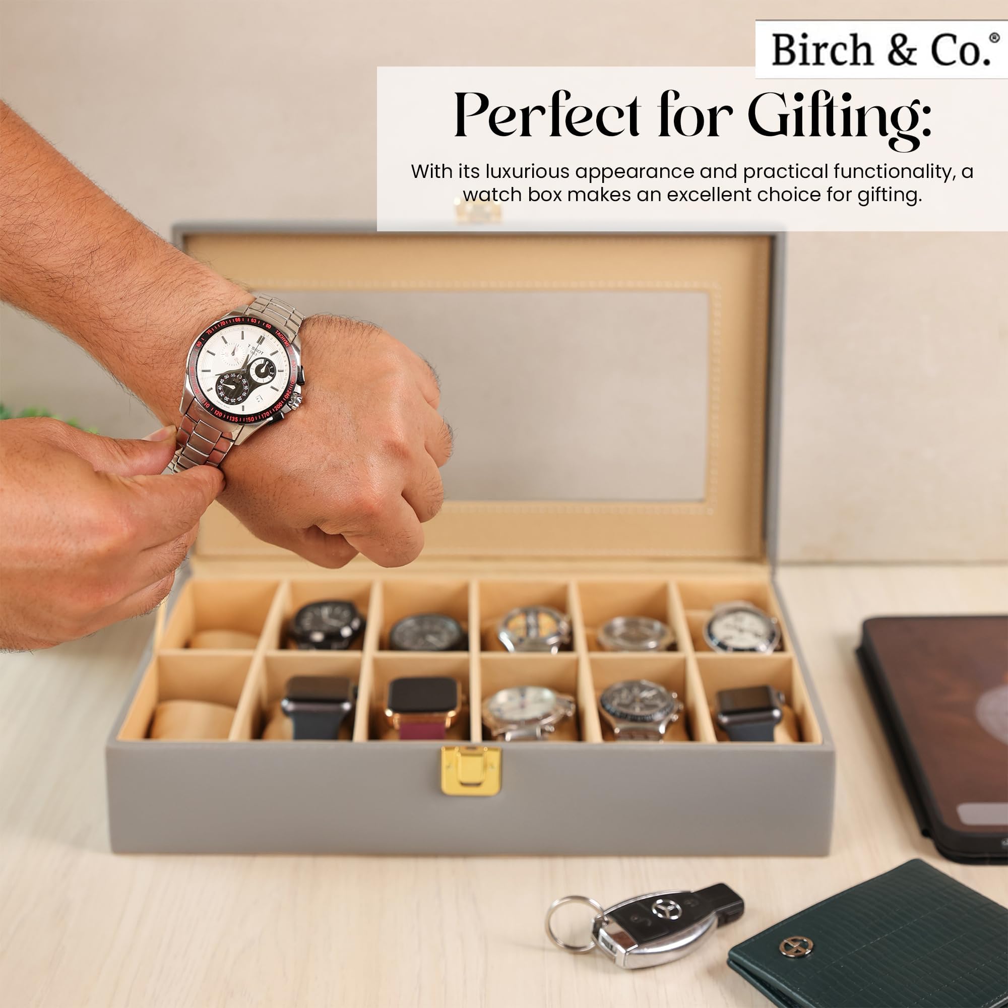 Birch & Co. Boîte de rangement pour montres – Présentoir à 12 emplacements avec couvercle en verre, cuir synthétique, intérieur en velours doux – Rangement élégant pour montres hommes et femmes