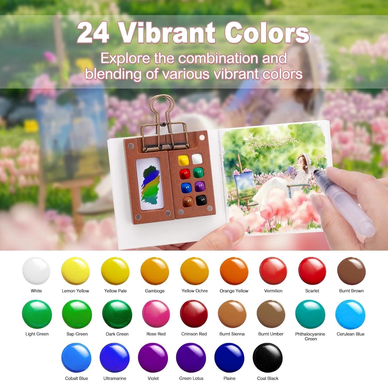 Mini Watercolor Paint Set, Tiny Mini Paint Palette Travel Kit, Portable Pocket Artist Water Color Travel Set with 24 Colours, Sketchbook, Watercolor Pen, 15 Grid Paint Box For Painters and Artists