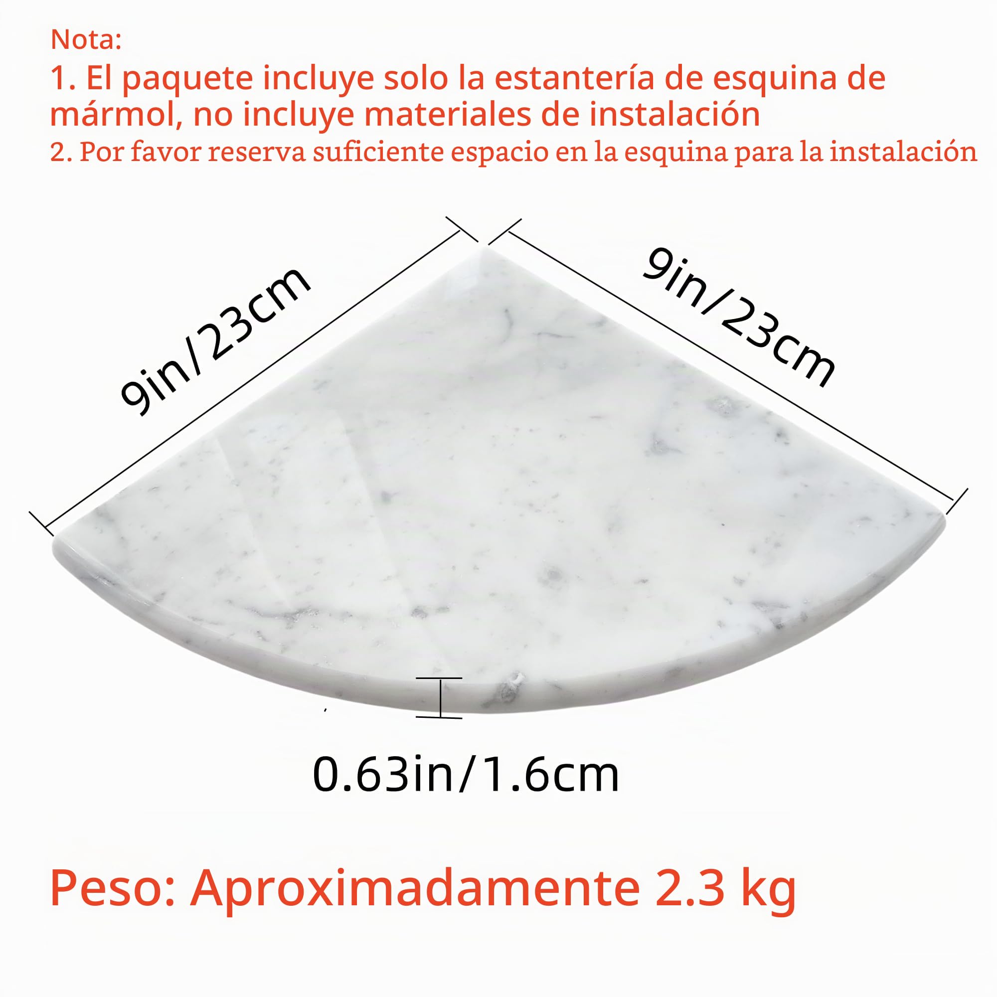 2 estantes esquineros de mármol para ducha para baño, estantes de esquina de mármol natural de 9 pulgadas para baño, montado en la pared, ambos lados pulidos (2, color blanco Carrara)