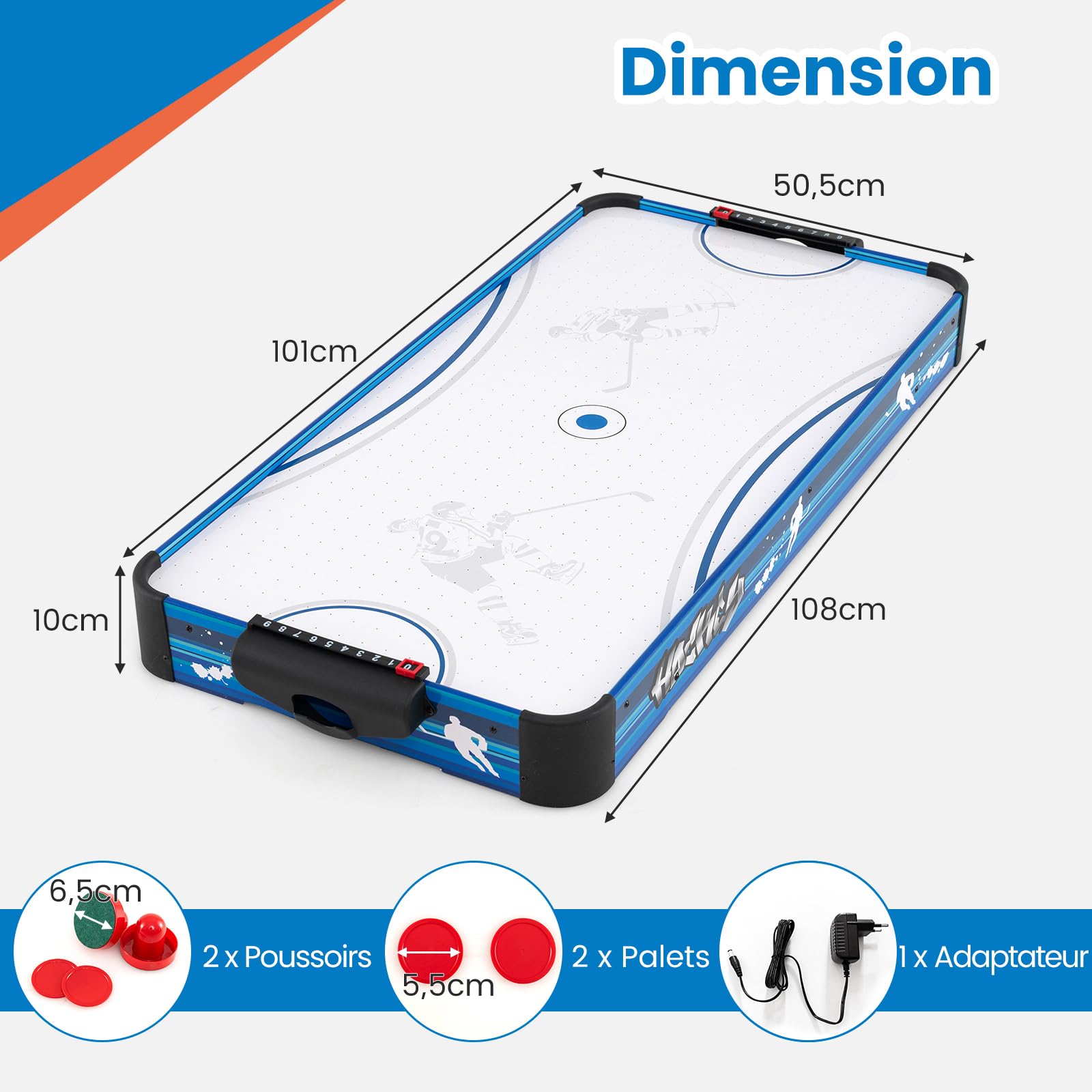 DREAMADE Table de Hockey sur Table, Table d’Intérieur avec Ventilateur 12V, 2 Cages de But, 2 Palets et 2 Poussoirs, Système de Pointage Manuel Coulissant, pour Salle de Jeux