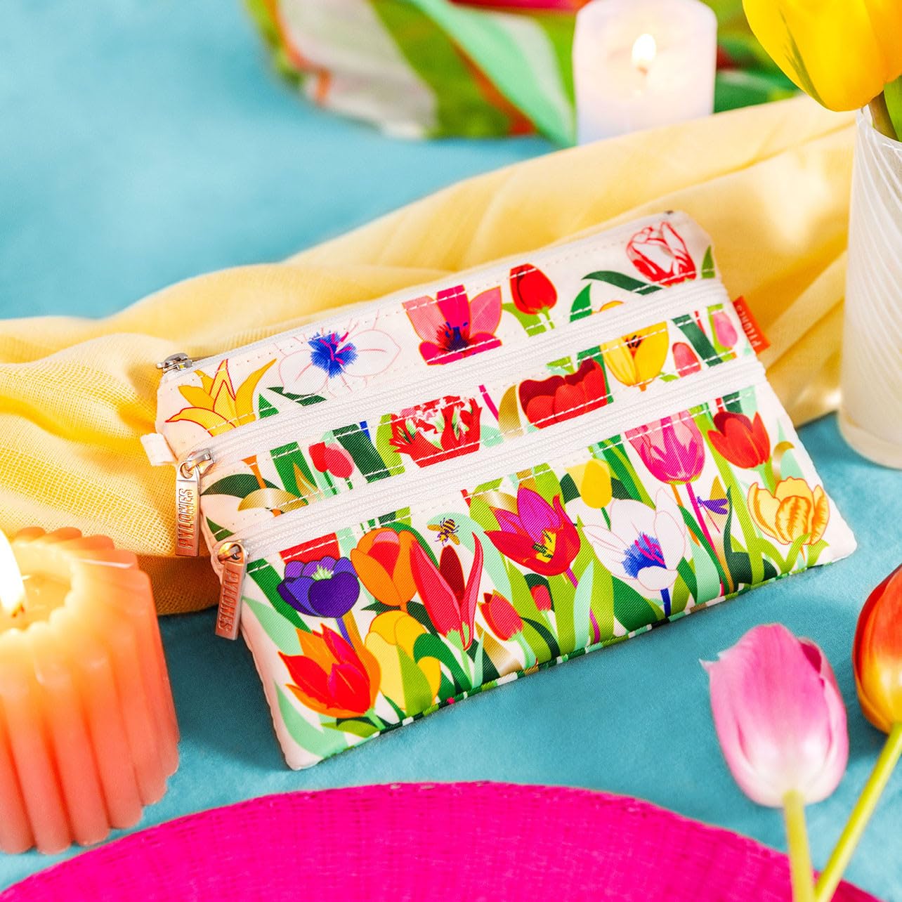 PYLONES : Zip Pouch – Pochette 3 Zips – Tulipani, multicolore