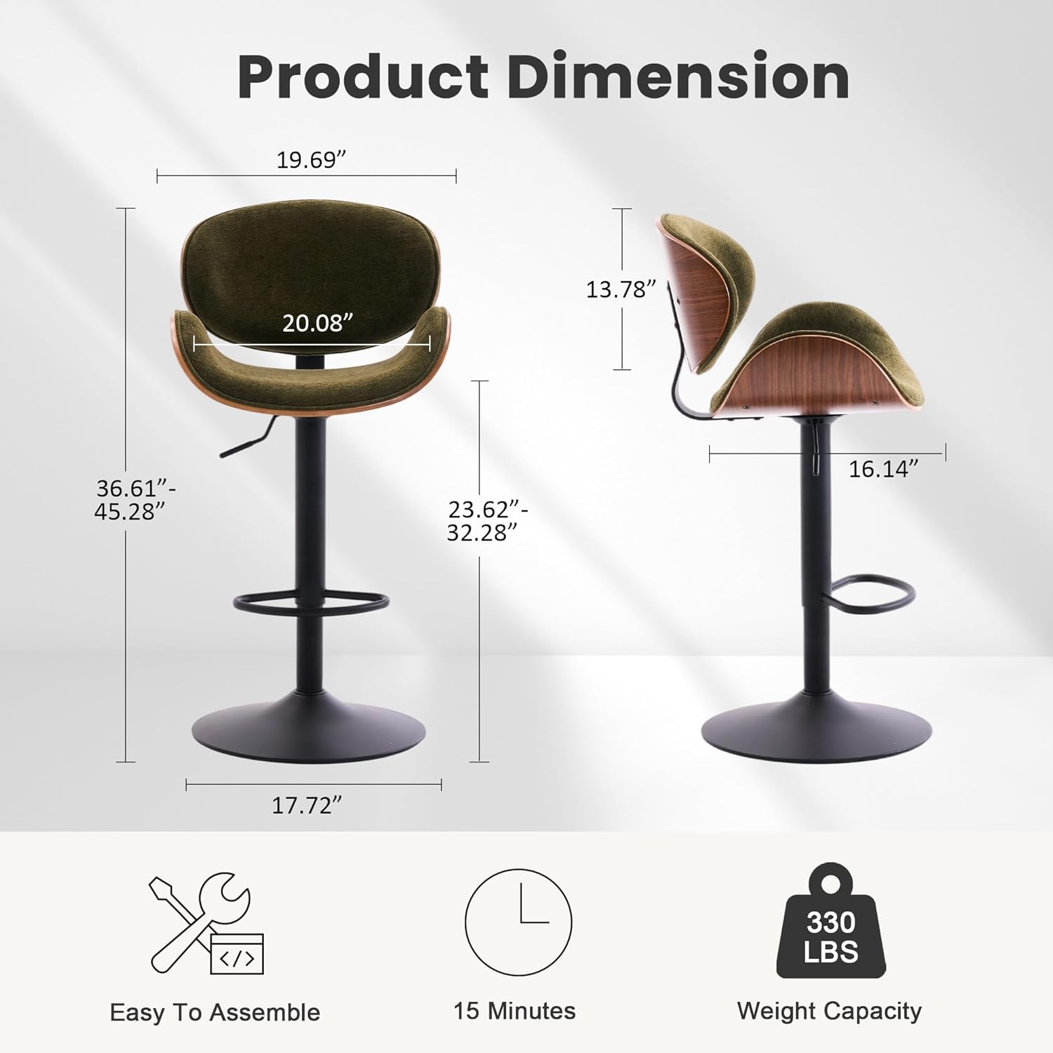 Rowill Swivel Single Bar Stool, Modern Adjustable Green Upholstered Barstools Counter Height with Backrest for Bar, Kitchen Island, Dining Room