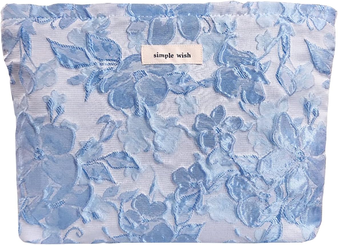 STARDW Aesthetic Floral Makeup Bag Cute Small Cosmetic Bags for Women Girls, Travel Toiletry Bag Large Capacity Zipper Makeup Pouch, Purse Organizer Pouches (Embossed Flowers)
