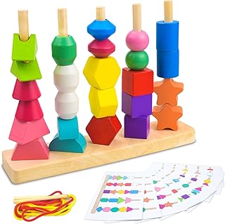 iselyn Montessori Bead Sequencing Toy Set, Wooden Stacking Blocks & Lacing Beads & Matching Shape Colors Stacking Toys, Montessori Toys for 2 3 4 5 Year Old Kids Toddlers