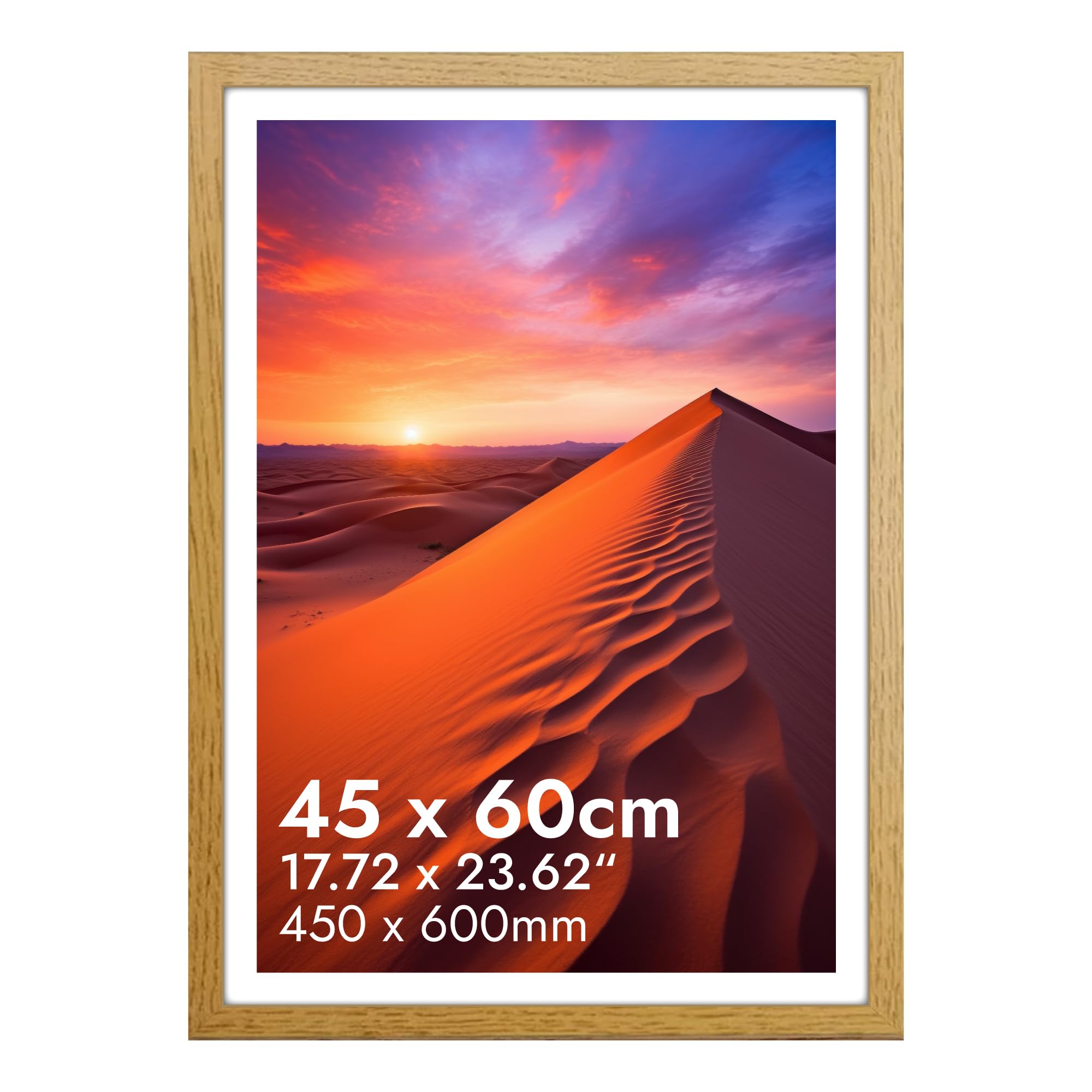 HNK Oak Picture Frames 60x45cm Engineered Wood and Plexiglass, 45 X 60 Frame Dual Orientation Landscape or Portrait, Poster Frame 450x600mm Wall Hanging Display Photos (17.71x23.62 Inch)