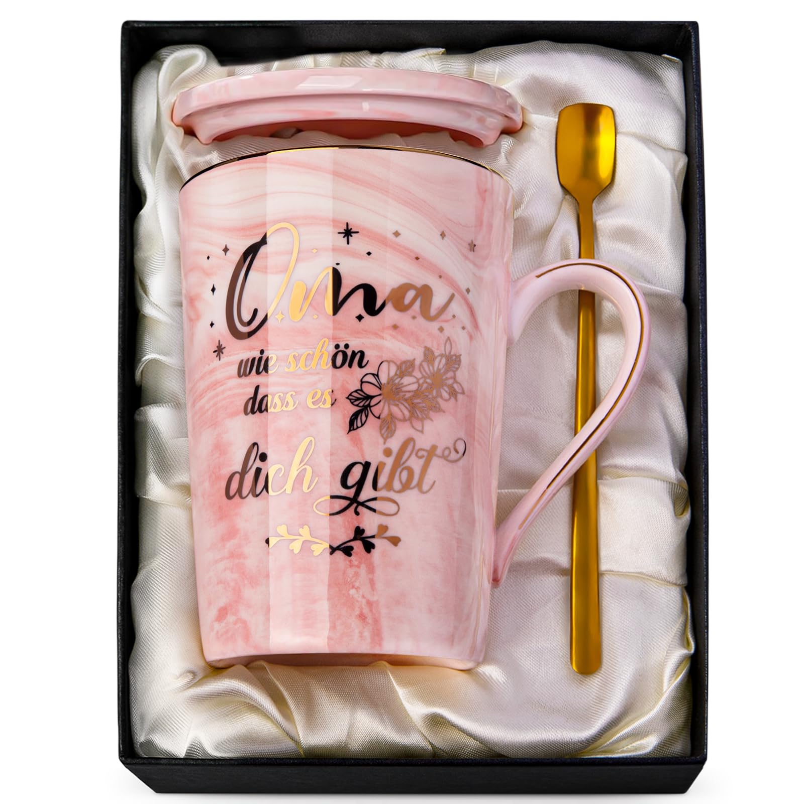 Oma Geschenk Geburtstag, Geschenk für Oma, 14Oz Rosa Marmor Kaffeetasse | Hochwertige Keramik, Goldener Druckgrafik, Deckel, Löffel, Grußkarte, Edle Geschenkbox, Spülmaschinenfest Mikrowellengeeignet