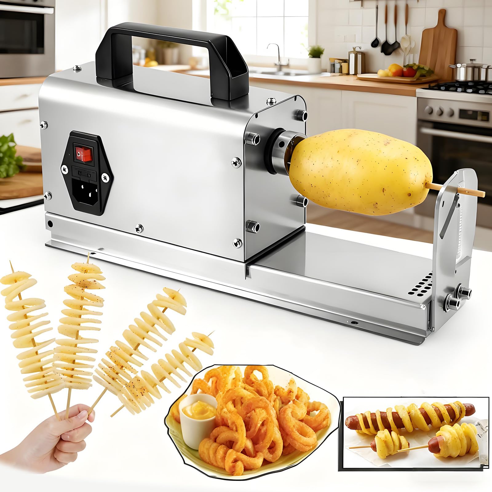 YXYLJOZ Electric Potato Twister, Spiral Potato Slicer Machine, 0.078" & 0.098" Slice Thickness,Commercial & Home Use Tornado Cutters for Potatoes, Carrots, Cucumbers