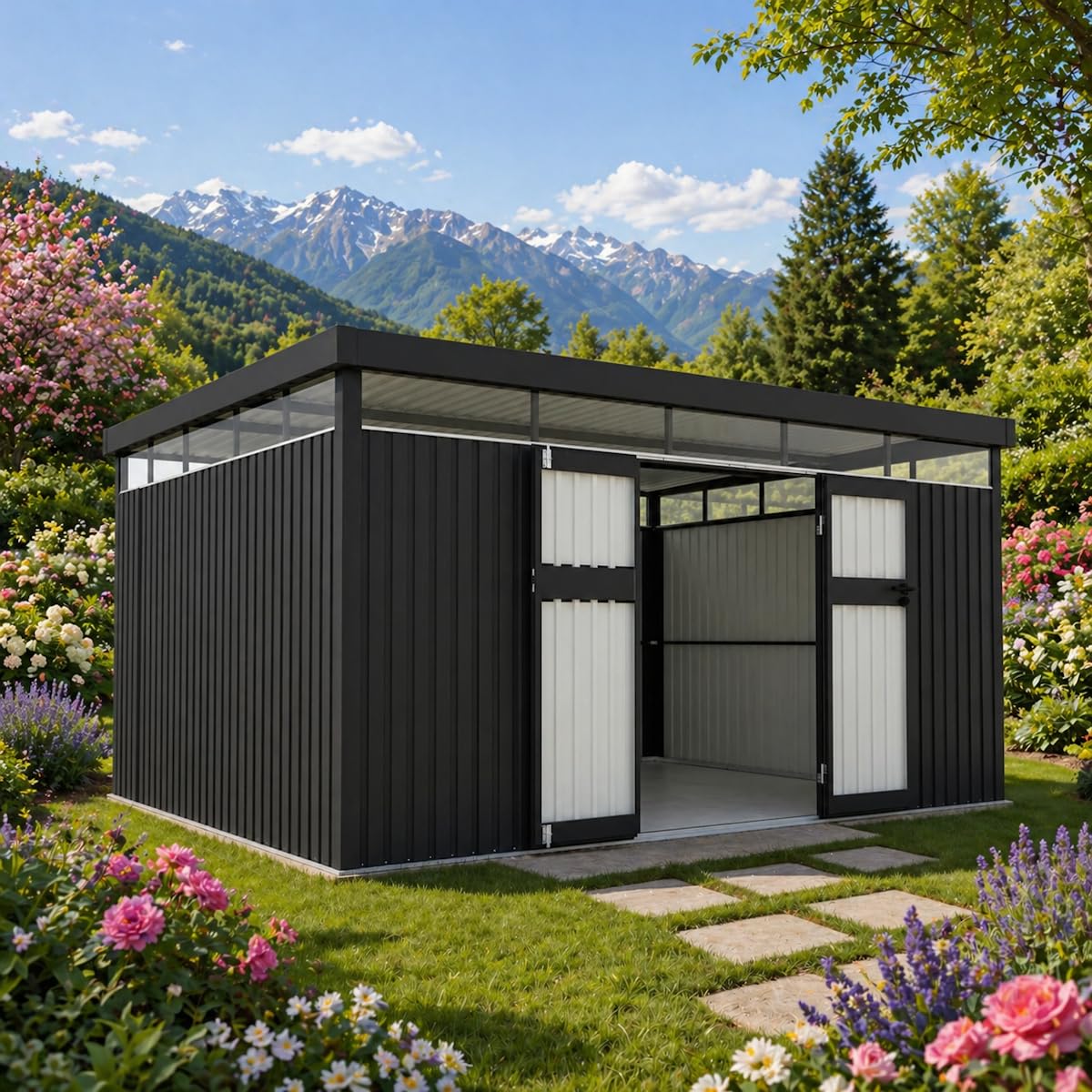 XXL Metall Gartenhaus Lyon 396x294x220 cm, 12 m² Geräteschuppen Fahrradgarage Gerätehaus anthrazit für Fahrräder Geräte Werkzeug