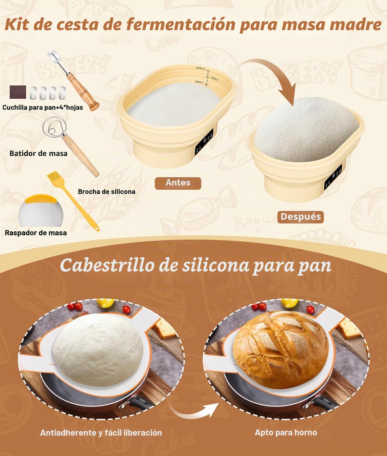 WADEO Juego de 18 piezas para fermentación de pan, Cámara de fermentación para masa madre con función de calentamiento: cesta de fermentación de 28 cm, termostato con 6 ajustes (25 °C-50 °C)