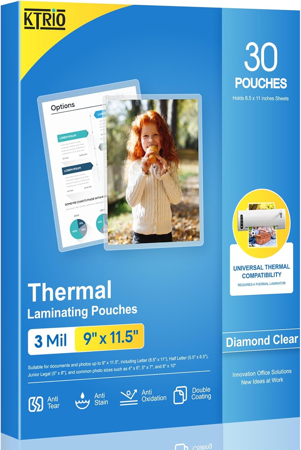 KTRIO Laminating Sheets, Hold 8.5 x 11 inches Sheets, 30 Pack, 3 Mil Clear Thermal Laminate Pouches for Laminator, 9 x 11.5 inch Lamination Paper for School, Home & Office