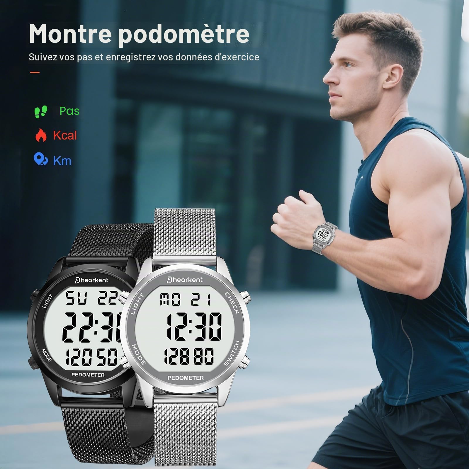Hearkent Montre numérique étanche pour homme avec podomètre, alarme, calories, distance, alarme, compte à rebours, bracelet en acier inoxydable