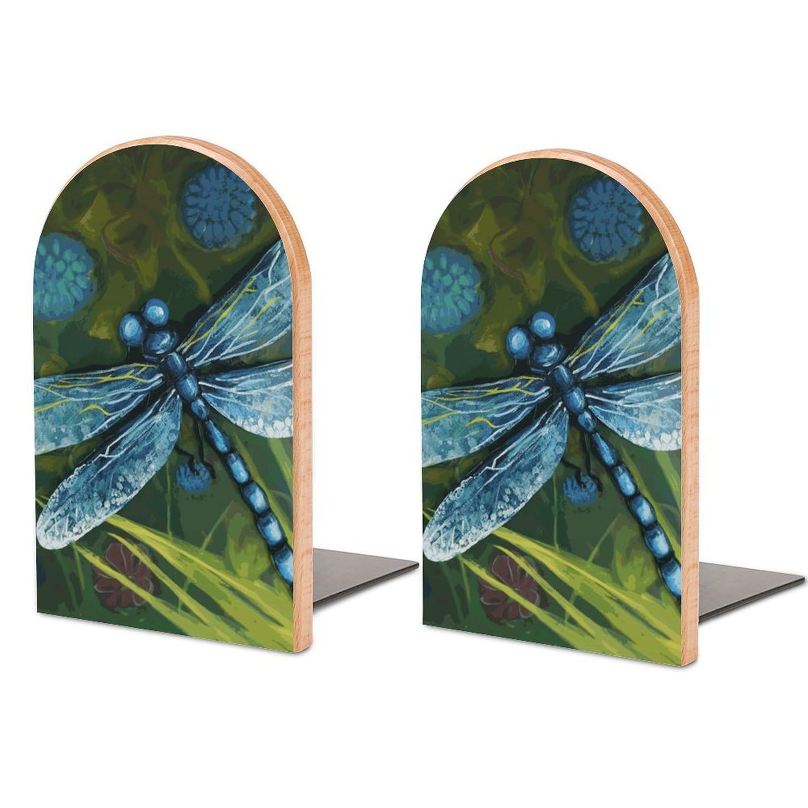 Hand Painted Blue Dragonfly Bookend Modern Bookends for Shelves Non-Skid Book Holder Heavy Duty Metal Book Storage for Books CDs Decorative Book Stopper for Home