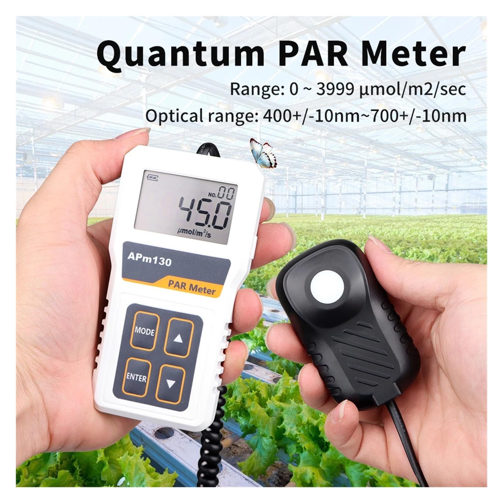 Medidor PAR digital APM130 con sensor impermeable PPFD 400-700 nm | Probador de luz de registro de datos de plantas de radiación fotosintética