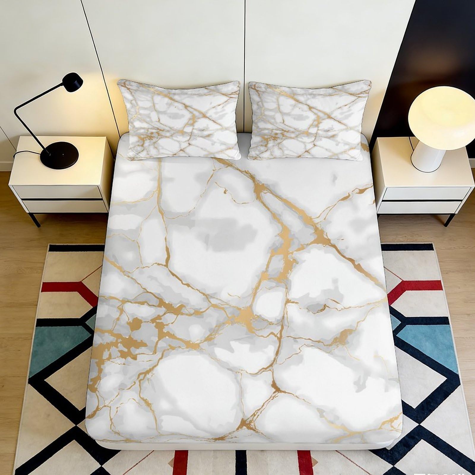 3D Printed Marble Gold Veins Fitted Sheet Microfiber Soft Bedroom Decor Abstract Mattress Cover for Home Dorm 90x200x25cm