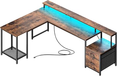 PRAISUN 66" L Shaped Gaming Desk with LED Lights & Power Outlets, Computer Desk with Fabric Drawers and Print Stand, Corner Office Desk, Monitor Stand, Mesh CPU Stand, Rustic Brown