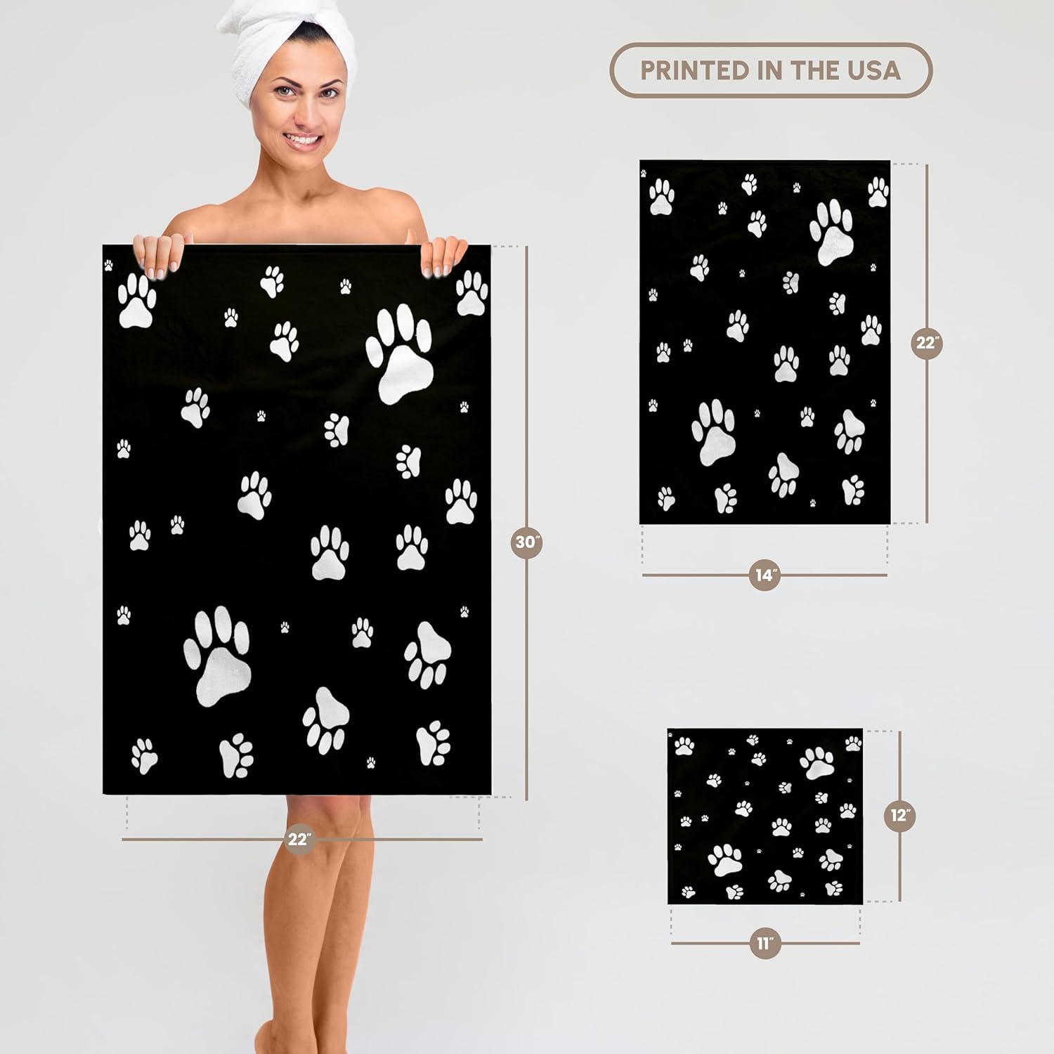 3dRose White Paw Prints On Black Background 22x30 Bath Hand Pool Towel