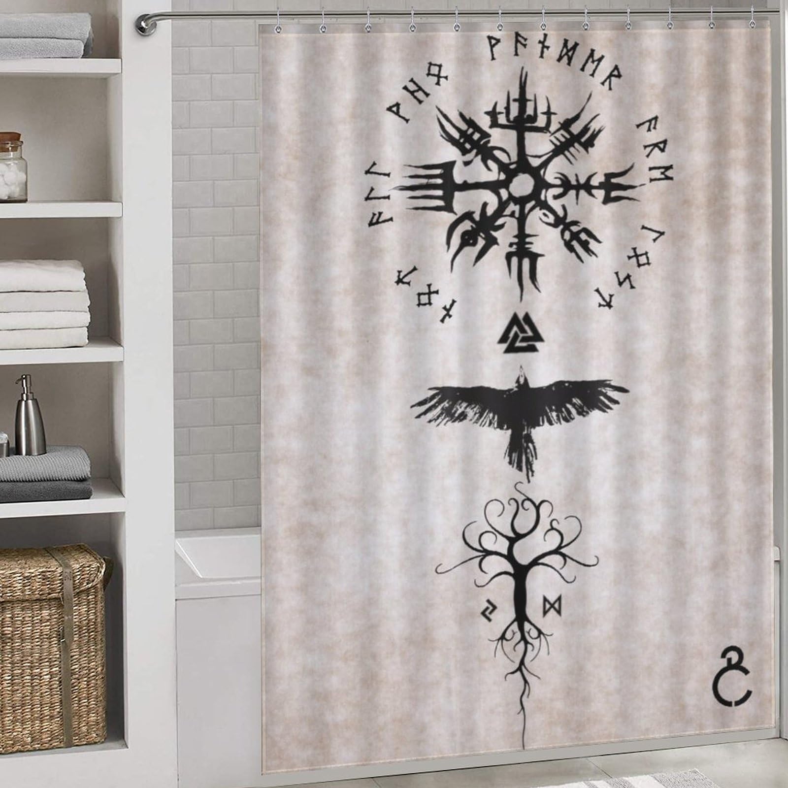 PAZZK Viking Myth Shower Curtain, Bath Curtains Water Repellent Polyester Decorative Shower Curtains Art Deco With 12 Curtain Hooks Machine Washable, 66x72Inch（168x183cm）