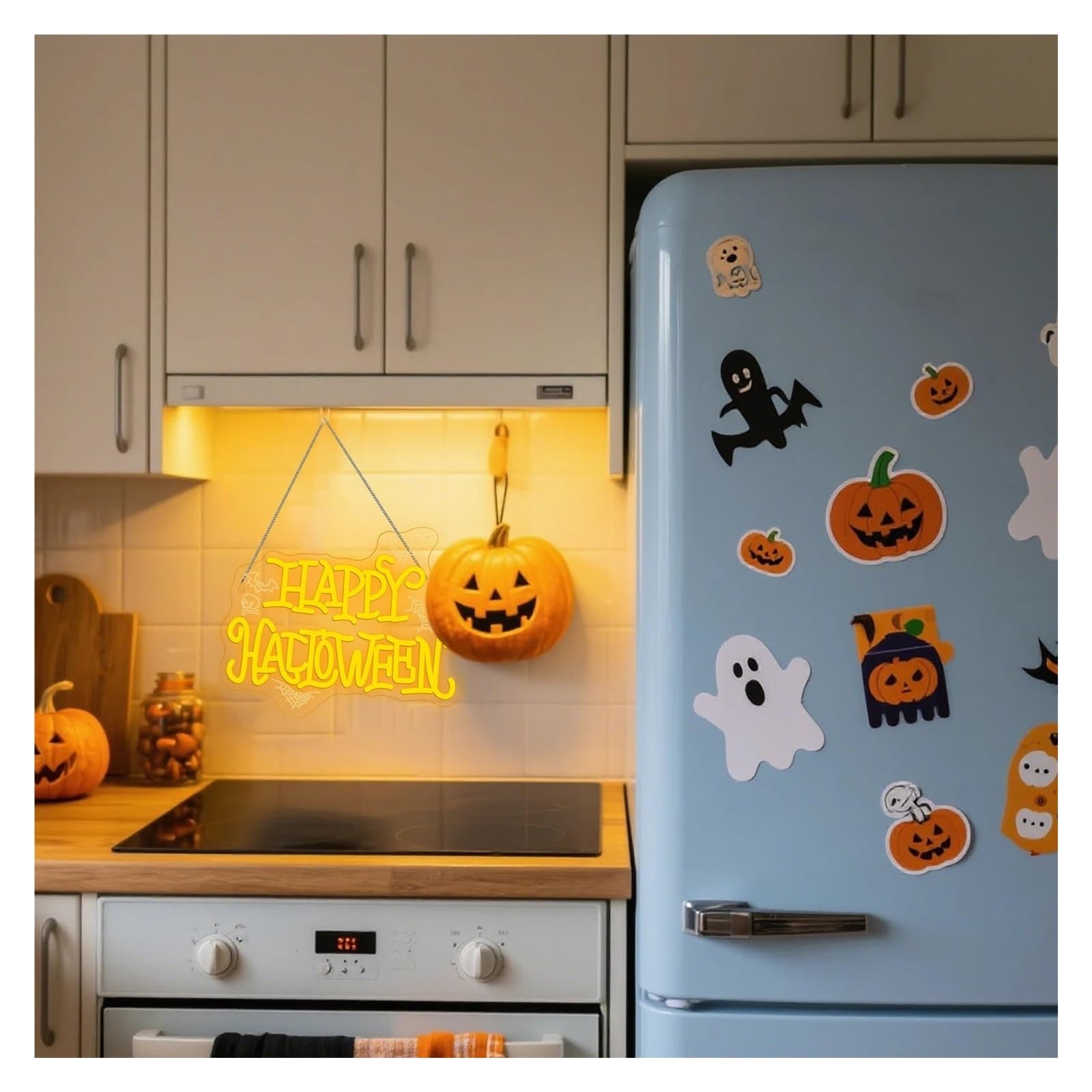 Hängende Kunst-Leuchtreklamen Happy Halloween Leuchtreklame Fledermäuse Spinnennetze Totenkopf Dimmbare LED-Licht-Wanddekoration für Halloween-Party 15.35×12.4in