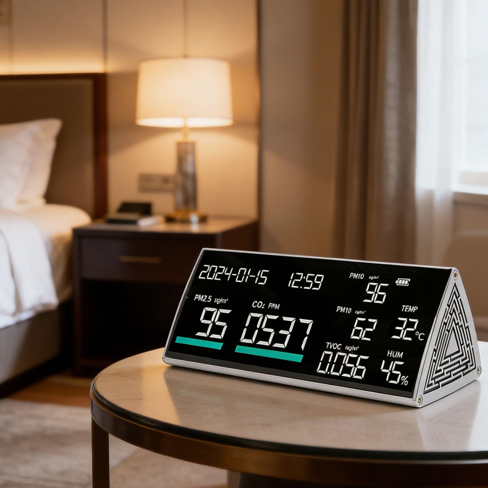 Fockety Monitor de calidad del aire, 9 en 1, de escritorio, con medidor de calidad del aire, PM2.5, PM1.0, PM10, temperatura, humedad, CO2, TVOC, hora y fecha, para casa y hotel