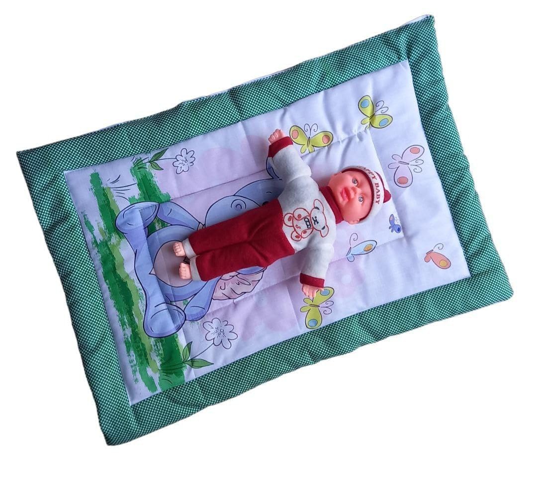 Vivatra Combo Newborn Baby Pom Pom Cotton Baby Bed | Godari | Cradle Bed | Crib Sheet | Changing Mat Baby Godadi | Godari | Bedding Set | Mattress_Pack of 2 Piece_(20 * 30 Inch) (Hippo & House)