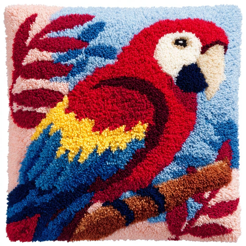 Taxpy Latch Hook Kit, Parrot on a Branch Pillow Latch Hook Embroidery Kits DIY Crochet Yarn Pillowcase Sewing Making Kits Embroidery Kit 43x43cm
