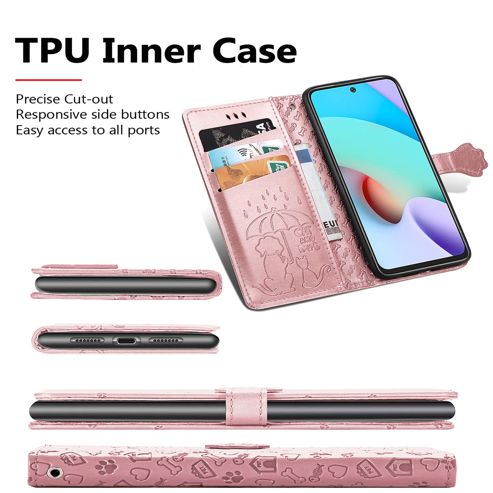 Fertuo Cover per Xiaomi Redmi 10 / Redmi 10 2022, Custodia Portafoglio a Libro in Pelle Flip Cover con Porta Carte, Chiusura Magnetica [Disegni di Gatto Cane] Case Antiurto per Redmi 10, Blu