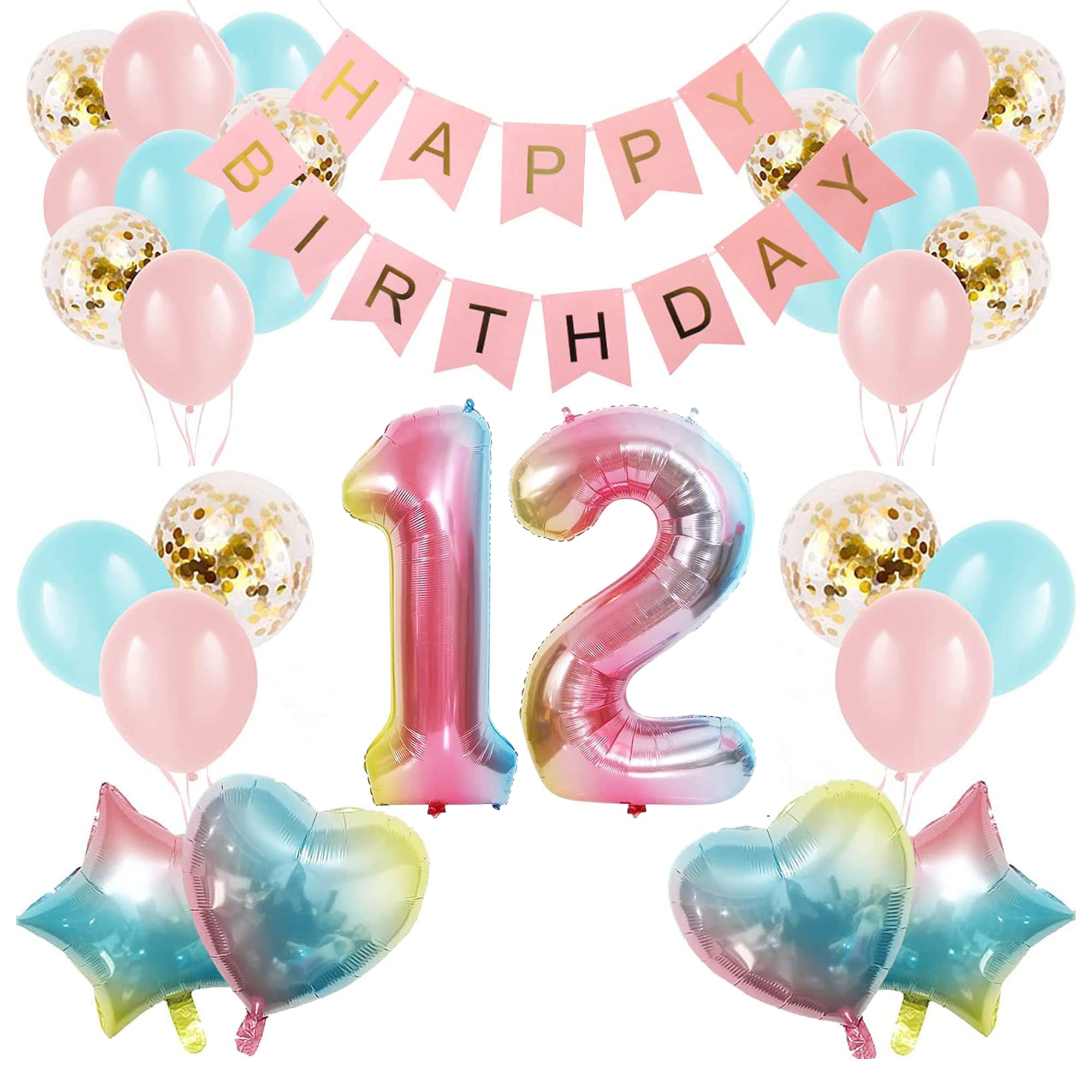 Girl 12th Birthday Decorations Gradient Color Age 12 Balloon Arch Kit with 40 inch Number 12 Foil Balloon Happy Birthday Banner & 28 Latex Balloons for Twelfth Birthday Party
